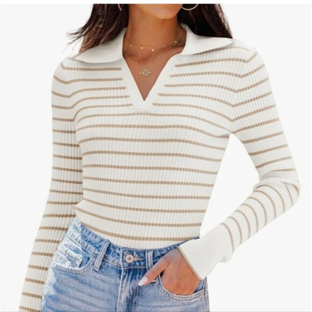 Zesica Women's M Long Sleeve V-Neck Striped Knit Sweater Slim Fit Casual Top NEW